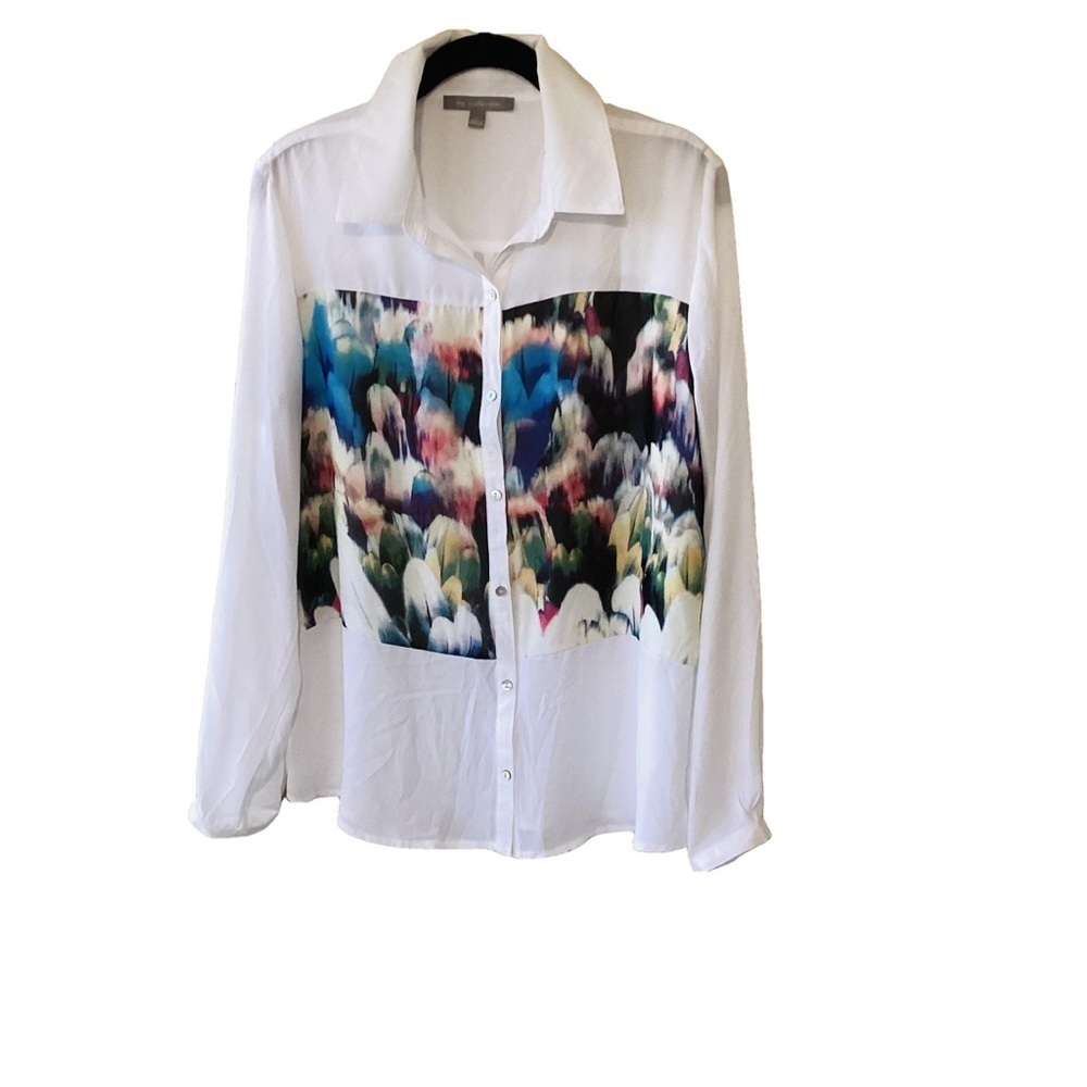 NEW NY Collection Colorblock Floral Abstract Panel Button Up Blouse White Size L